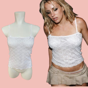 Y2K White Lace Cami Top – Stretchy Sheer Layering Piece